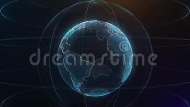 全球信息全息图。 技术概念。 地球的全息图。 适合电视商业<strong>新闻介绍</strong>。 蓝色